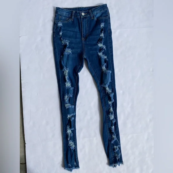 SHEIN Essnce Ladder Distressed Raw hem Skinny Jeans denim women’s size XS (2) - Picture 2 of 8